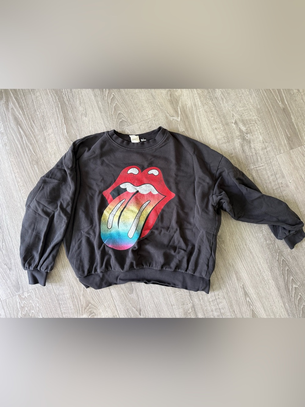 H&M Black Sweatshirt with Red Lips and Rainbow Tongue Graphic